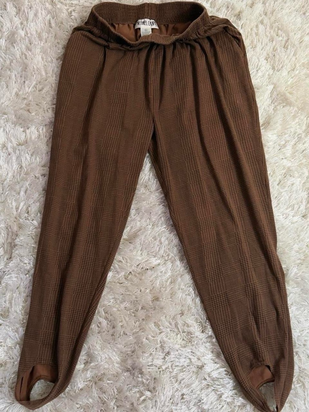 Vintage 90s Michel Carré Brown Houndstooth Plaid Stirrup Pants Academia Twee S/M - Picture 2 of 8